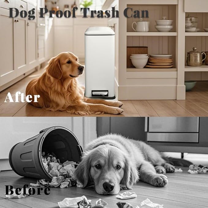 30L/8 Gallon White Foot Pedal Trash Can with Soft Close Lid, Stainless Steel Trash Can with Removal Inner Bucket, Step Trash Bin for Bathroom,Kitchen,Office (White)