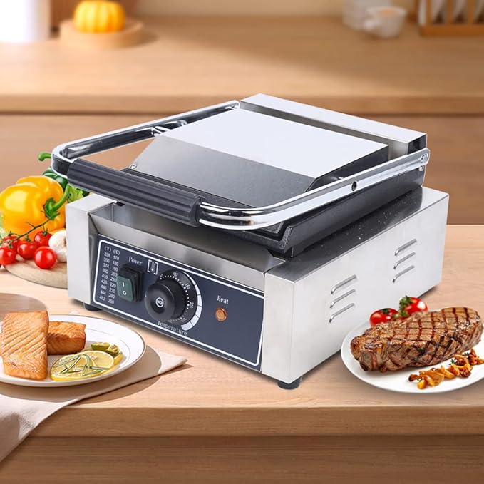 Commercial 1800W Panini Press Grill, Dual-Sided Electric Griddle Machine with Non-Stick Surfaces, Adjustable Temperature Control, Opens 180°, Stainless Steel Sandwich Maker