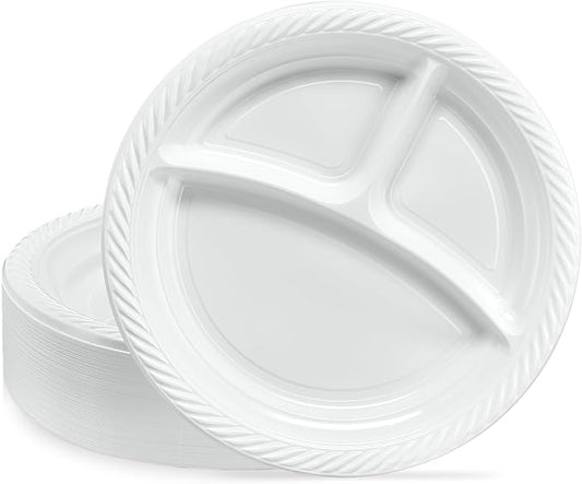 PLASTICPRO 9 inch Round Plastic Plates 3 Compartment - 3 Section Plates Microwaveable, Disposable, White, Dinnerware 100 Count