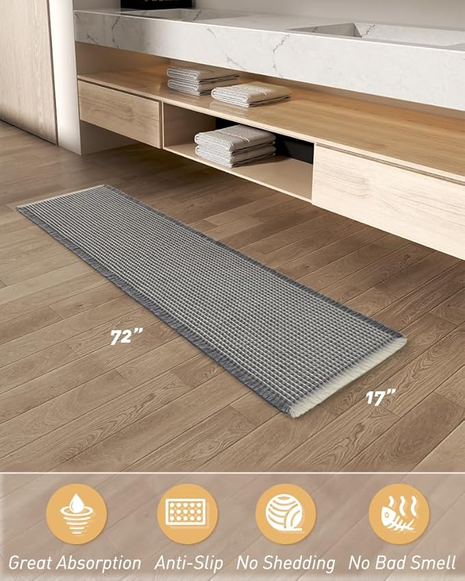 Upgraded Waffle Runner Rug Super Absorbent Non Slip Bath Mats for Bathroom Machine Washable Bathroom Runner Rug with Tassels, Ideal for Hallway Bedroom Laundry Room, 17" x 72", DarkGrey & Cream