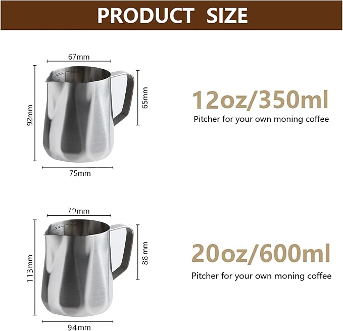 Milk Frother Cup,350ml/600ml Milk Frothing Pitcher Stainless Steel Kettle (12oz/20oz) Coffee Bar Cappuccino Espresso Machine Accessories Barista Tools(20oz)