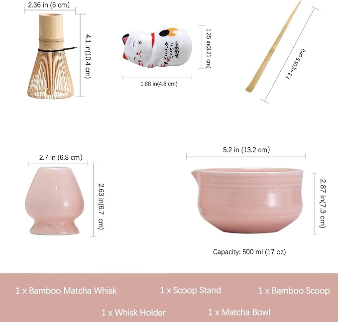 Matcha Set, Pink Ceramic Matcha Kit Includes Matcha Bowl, Matcha Whisk Holder (chasen), Bamboo Matcha Whisk, Bamboo Scoop and Scoop Stand, Japanese Tea Set for Women