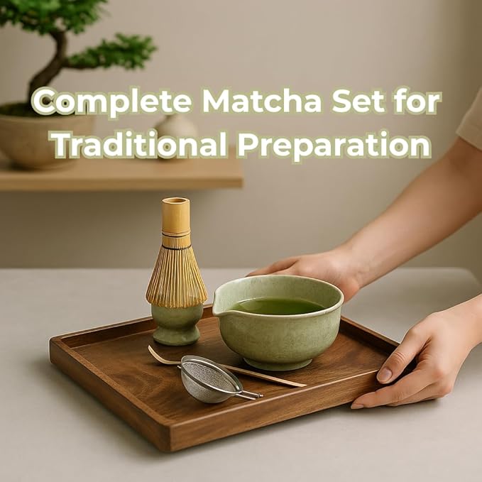 Dreizehn Matcha Whisk Set – 5 Piece Matcha Kit with Bowl, Whisk, Scoop, Sifter & Jar – Japanese Style Tea Set for Making Smooth and Frothy Matcha Green Tea at Home or as a Gift, Mottled Green