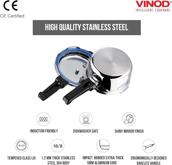 Vinod Pressure Cooker Stainless Steel – Outer Lid - 2 Liter – Induction Base Cooker – Indian Pressure Cooker – Sandwich Bottom – Best Used For Indian Cooking, Soups, and Rice Recipes, Quinoa