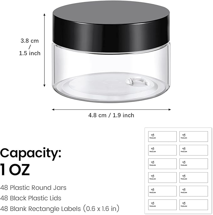 TUZAZO 48 Pack 1 Oz Small Plastic Container Jars with Lids and Labels BPA Free, Empty Round Clear Cosmetic Containers Plastic Slime Jars for Lotion, Cream, Ointments, Samples, Travel Storage (48)