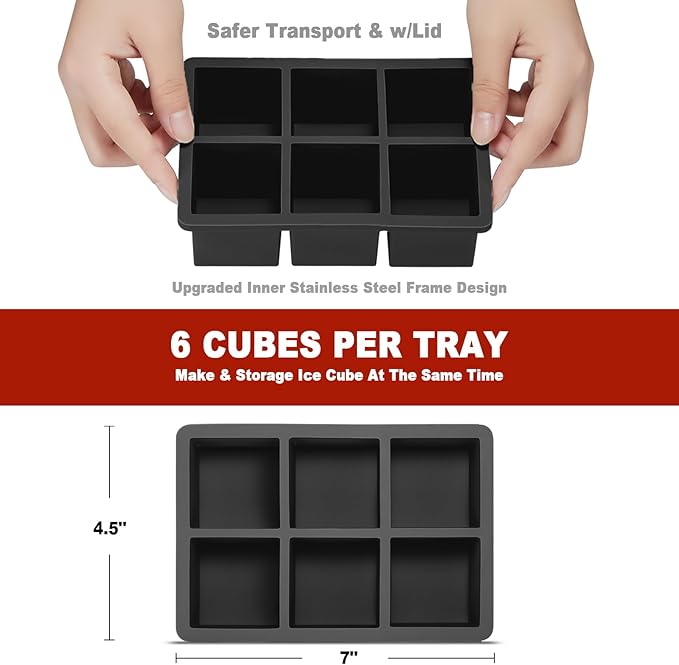 Nax Caki Large Ice Cube Tray with Lid Pack of 2, Stackable 2 Inch Big Silicone Square Ice Cube Mold for Whiskey Cocktails Bourbon Soups Frozen Treats, BPA Free