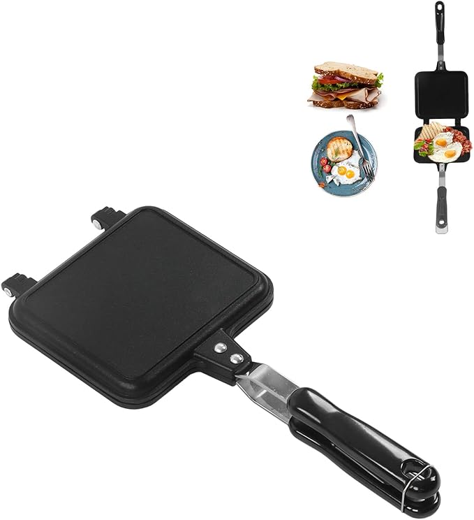 Double Sided Frying Pan, Sandwich Grill Maker with Non Stick Cast Iron Grilling Plate - Foldable Grill for Breakfast, Toast, Panini, Waffle