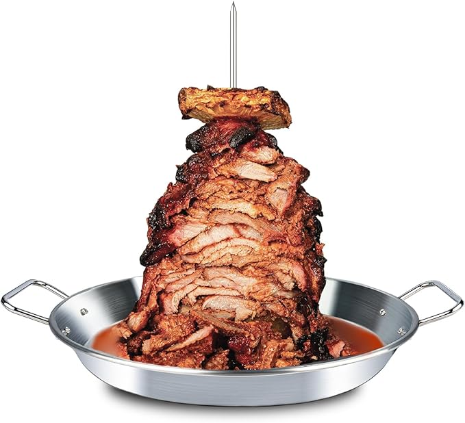BBQ Vertical Skewer Pan Gyro Spit Shawarma Stand for oven, Al Pastor Skewer for Grill, El Pastor Hack for Tacos Al Pastor Chicken, Brazilian, Stainless Steel, with 8",10" and 12" stick
