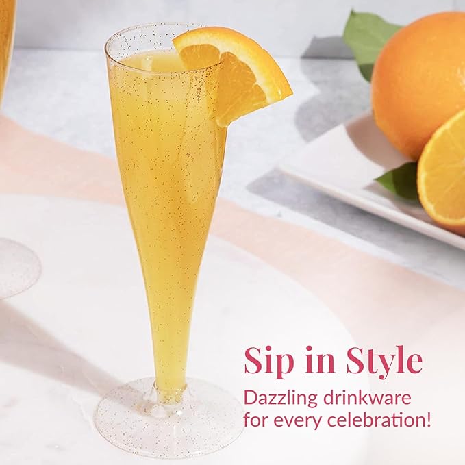 Prestee 24 Plastic Champagne Flutes - Gold Champagne Flutes Plastic - Gold Disposable Mimosa Flute - Party Supplies - Disposable Cocktail Glasses - Mimosa Bar, Wedding, Shower Party