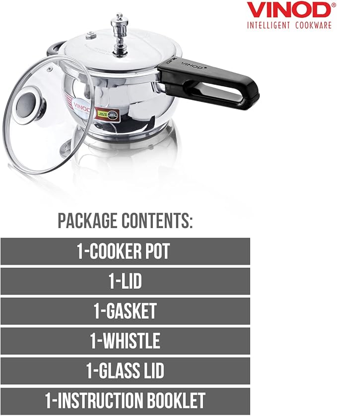 Vinod Pressure Cooker Stainless Steel – Glass Lid Handi Pot - 1.5 Liter – Indian Pressure Cooker – Stove Top Sandwich Bottom – Best Used For Indian Cooking, Soups, and Rice Recipes, Quinoa