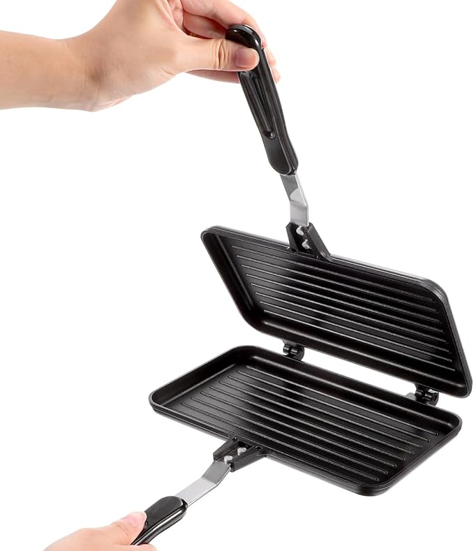 Double- Sided Frying Pan Non- Stick Grill Pan Waffle Maker Sandwich Baking Mold for Cake Toast Snack Breakfast, Aluminum Sandwich Maker