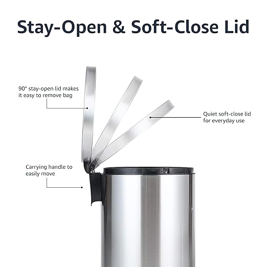 Amazon Basics Round Cylindrical Home Office Trash Can With Soft-Close Foot Pedal, 20 l /5.3 gallon, Brushed Stainless Steel
