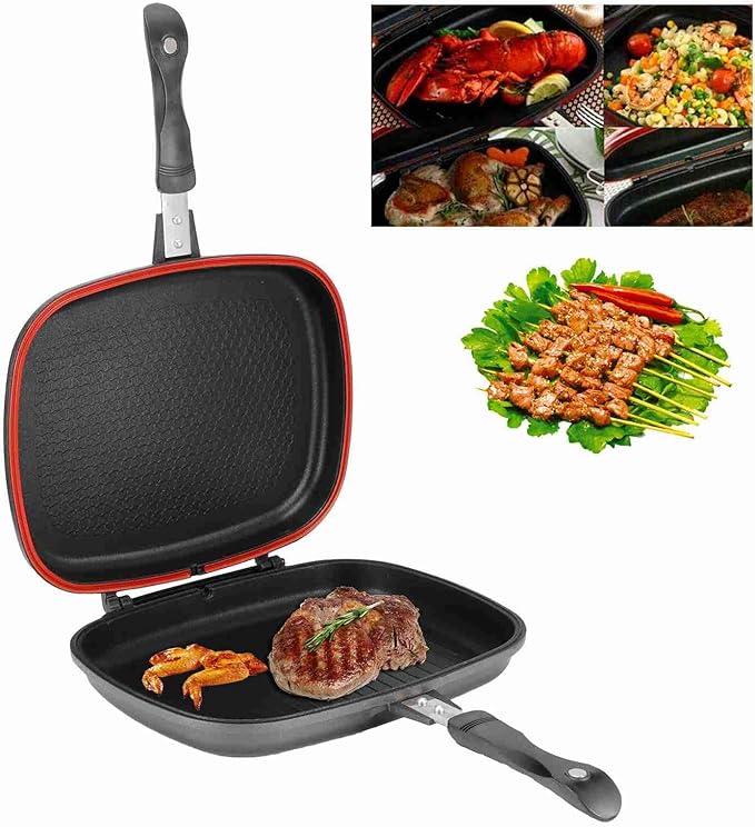 Grill Pan Frying Double Side Portable Anti Burn Handle Kitchen Supplies Grill Pot 12.6in