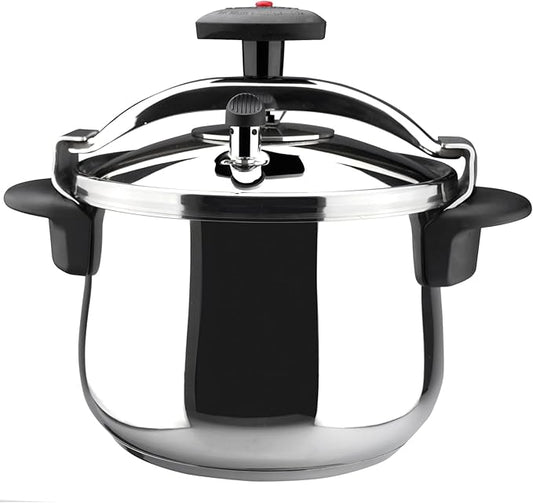 MAGEFESA Star Belly Pressure Cooker 6.3 Qt – 18/10 Stainless Steel, Rounded Bottom, 3 Safety Systems, Works on All Stovetops Including Induction, 8 PSI