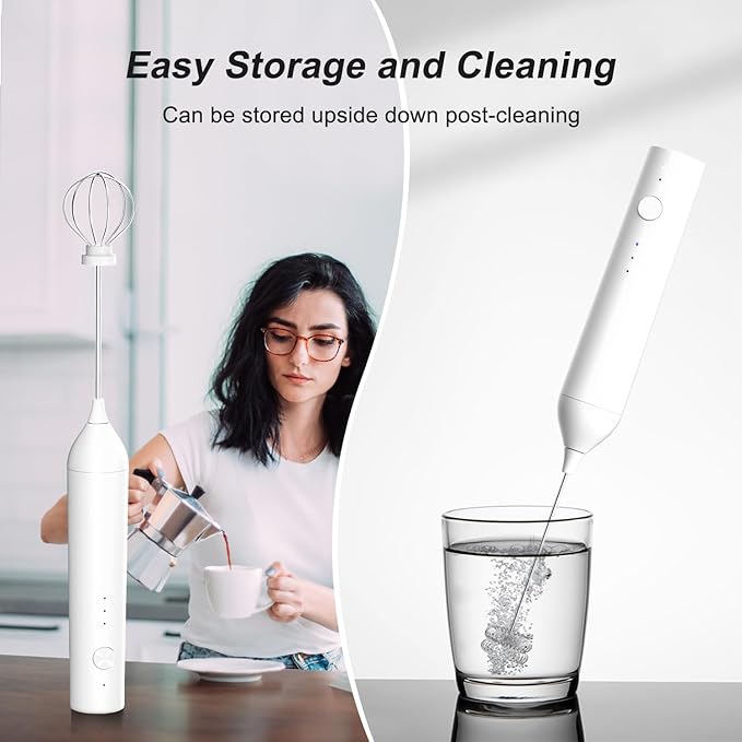 Powerful Electric Milk Frother with Wand and Egg Whisk Attachments, 3 Speed Adjustable Rechargeable Foam Maker Mixer, Milk Frother Handled for Coffee, Protein Powder (White without Stand)