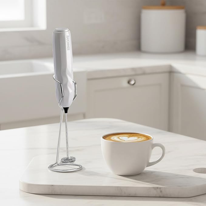 RAYONNER Milk Frother Handheld Fast Powerful Drink Mixer with Stainless Steel Whisk for Coffee, Battery Operated (White)