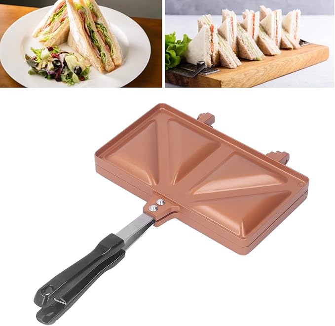 Fockety Hot Sandwich Maker, Double Sided Heating Aluminum Alloy Panini Maker Pan Even Heating Lightweight Portable Sandwich Press Grill for Sandwiches, Frying Eggs, Baking Bread (Gold)