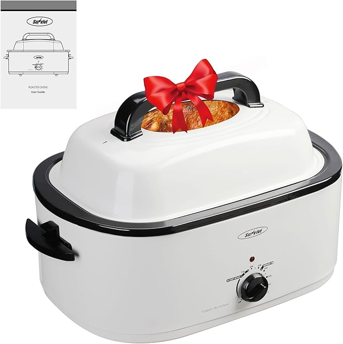 Roaster Oven, Electric Roaster Oven with Viewing Lid, Large Roaster with Removable Pan & Rack, Turkey Roaster with Unique Defrost/Warm Function, Stainless Steel, White, 24QT