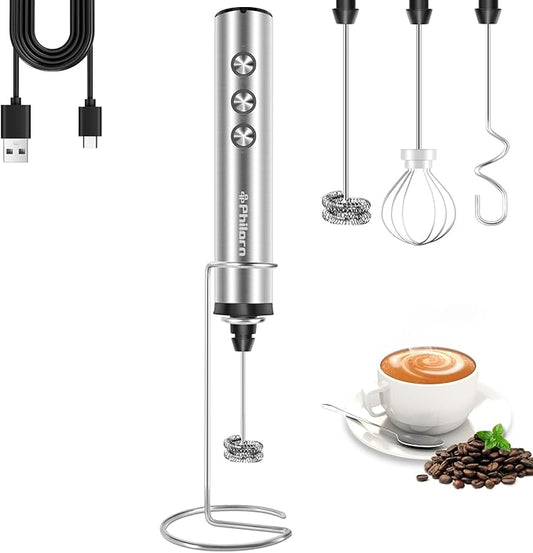 Philorn Milk Frother Rechargeable with Stand, Handheld Frother Wand for Coffee with 3 Heads 3 Speed, Powerful Hand Mixer Electric Whisk for Latte, Cappuccino, Frappe, Matcha, Hot Chocolate, Keto Diet