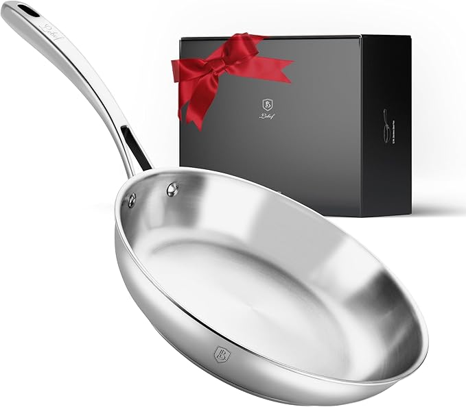 12 Inch Stainless Steel Pan, 5-Ply Clad Base 800℉ Safe Frying Pans for Even Heating, Premium Cookware for Induction, Gas,Electric&Oven
