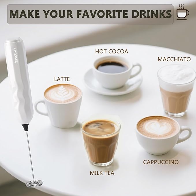 RAYONNER Milk Frother Handheld Fast Powerful Drink Mixer with Stainless Steel Whisk for Coffee, Battery Operated (White)