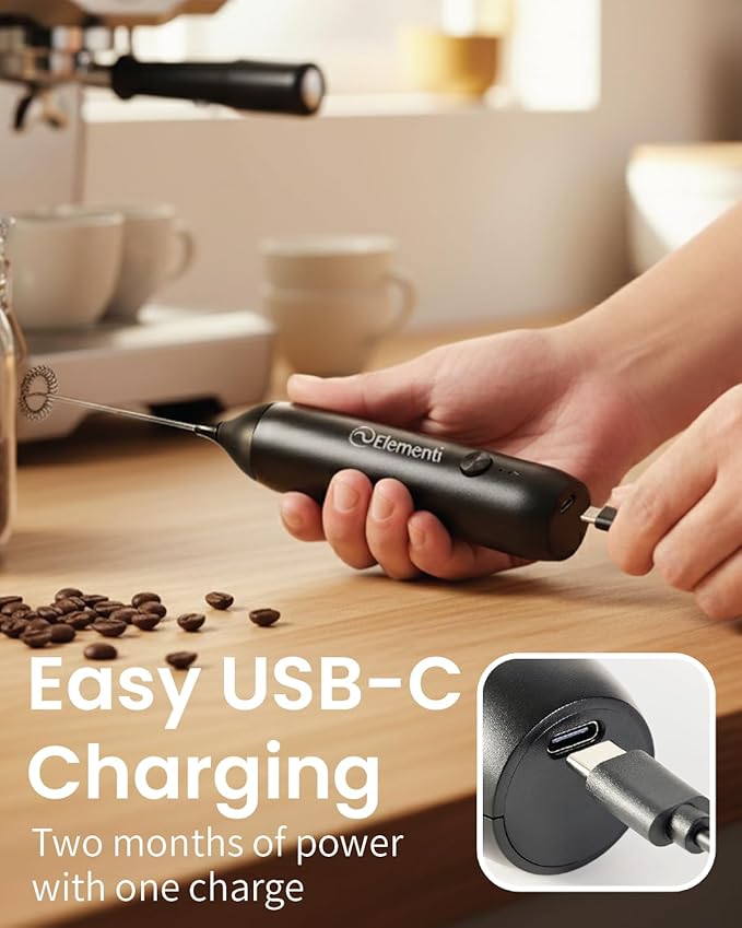 Elementi Milk Frother Wand Rechargeable Drink Mixer - Powerful USB-C Rechargeable Frother & Coffee Mixer Wand - Hand Held Milk Foamer Whisk to Make Perfect Cappuccinos, Lattes & Drink Mixes (Black)