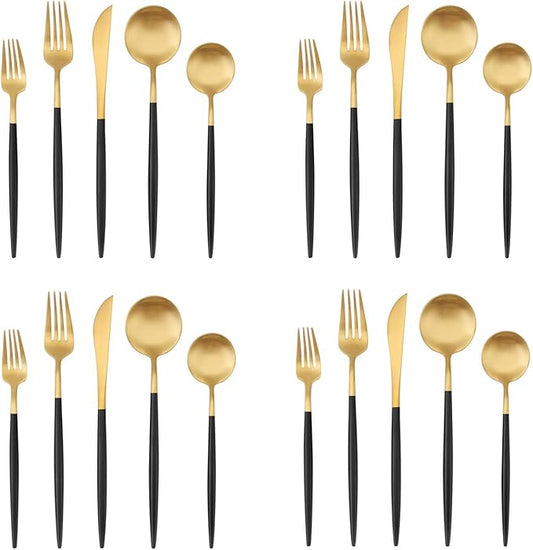 Matte Gold Silverware Set with black handle, Bysta 20-Piece Stainless Steel Flatware Set, Kitchen Utensil Set Service for 4, Tableware Cutlery Set for Home and Restaurant, Dishwasher Safe