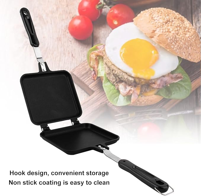 Double Sided Frying Pan, Sandwich Grill Maker with Non Stick Cast Iron Grilling Plate - Foldable Grill for Breakfast, Toast, Panini, Waffle