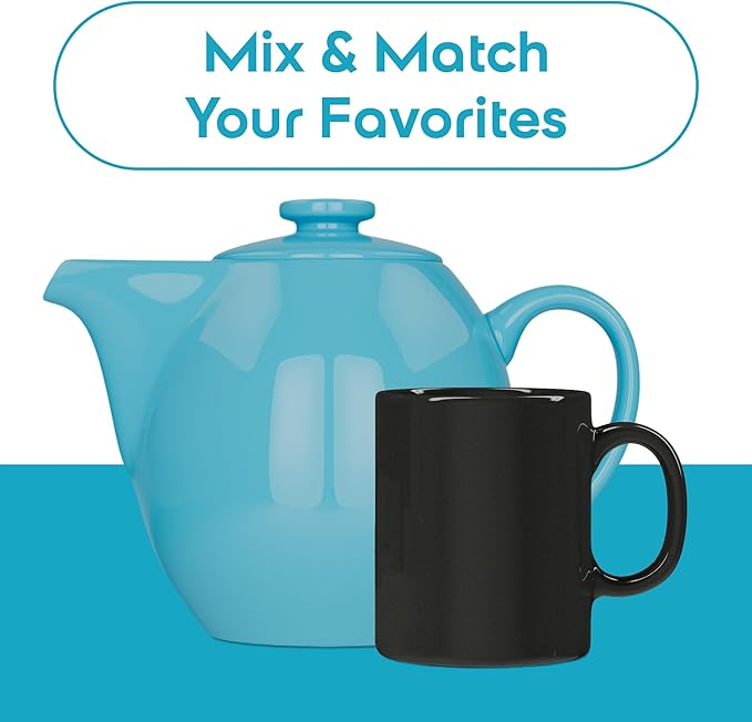 OmniWare 24 Ounce Teapot with Removable Stainless Steel Infuser (Turquoise) - Loose Leaf Tea Brewer, Microwave & Dishwasher Safe, Retro-Inspired Stoneware for Kitchen & Dining