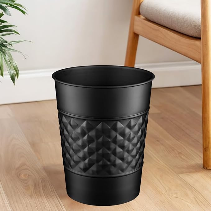 Monarch Abode Black Handcrafted Geometric Embossed Metal Wastebasket for Home Office, Decorative Waste Basket, Modern Bathroom Garbage Can, Durable & Decorative Trash Bin, Black Bathroom Trash Can