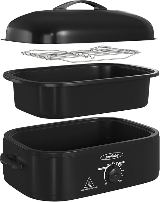 Sunvivi 14-Quart Roaster Oven with Self-Basting Lid, Electric Turkey Roaster Oven with Removable Pan and Rack, Stainless Steel, Black