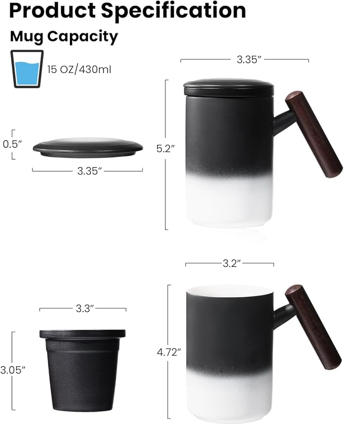 15 OZ Porcelain Tea Infuser Cup with Lid,Ceramic Tea Mug with Porcelain Strainer for Loose Leaf,Tea Strainers Cup with Wood Handle,BPA-Free,Gifts for Tea's Lover (Gradient Black)
