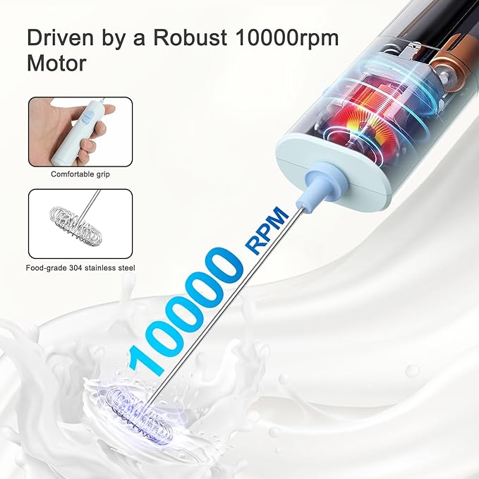 Powerful Electric Milk Frother, Battery Operated Drink Blender, Foam Maker Mixer, Milk Frother Handled for Coffee, Latte, Matcha, Protein Powder (Light Blue)
