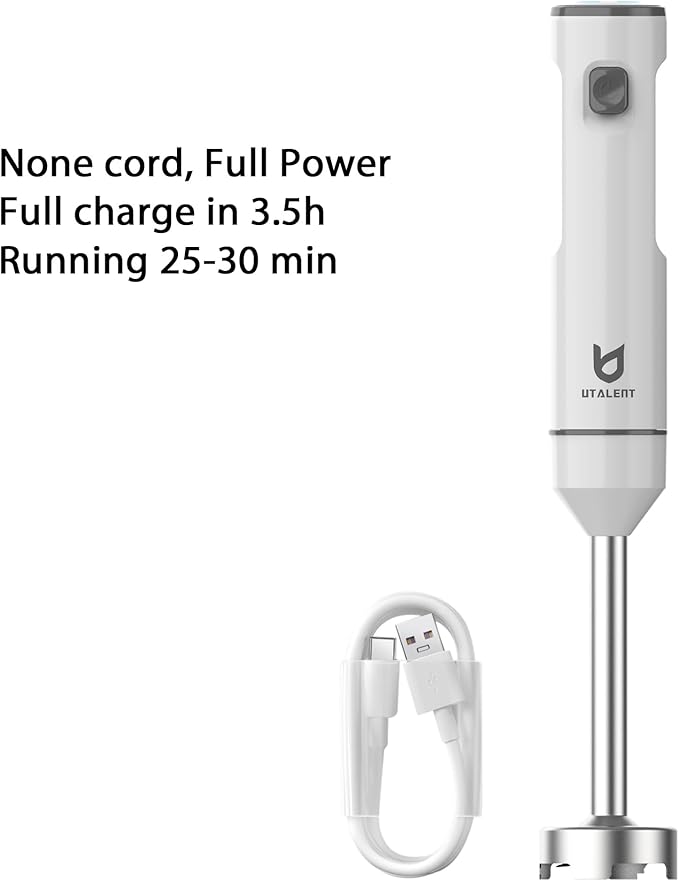 Cordless Hand Blender, UTALENT Variable Speed Immersion Blender Rechargeable, with 500ml Chopper, 600ml container, Egg Whisk, for Smoothies, Baby Food and Soups – White