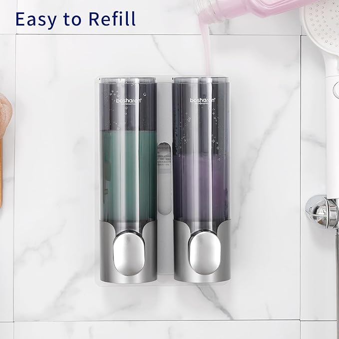 2 in 1 Shampoo and Conditioner Dispenser, 2320 ml Shower Wall Mounted Shampoo and Body Wash Dispenser for Bathroom and Hotel (2 Chamber + Silver)