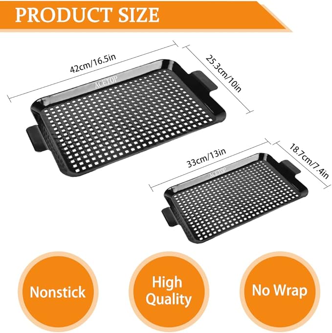2PCS Grill Topper Pans BBQ ACETOP Nonstick Barbecue Grilling Baskets Outdoor Stainless Steel BBQ Grill Tray with Perforated Bottom for Indoor Camping Chicken Drumsticks Vegetable Shrimp Meat