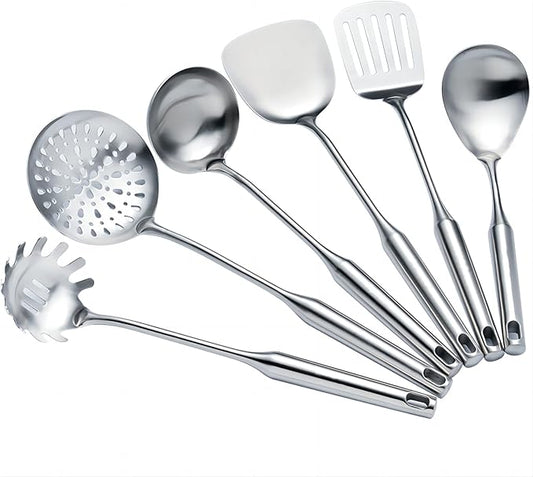 Cooking Utensils Set Stainless Steel Kitchen Metal Serving Utensils Set of 6 Pcs-Wok Spatula Ladle Set, Slotted Skimmer, Pasta Server, Serving Spoon, Slotted Spatula Tunner,Dishwasher Safe