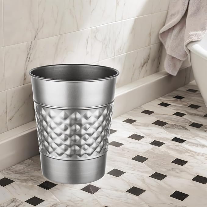 Monarch Abode Pewter Handcrafted Geometric Embossed Metal Wastebasket for Home Office, Decorative Waste Basket, Modern Bathroom Garbage Can, Durable & Decorative Trash Bin, Pewter Bathroom Trash Can
