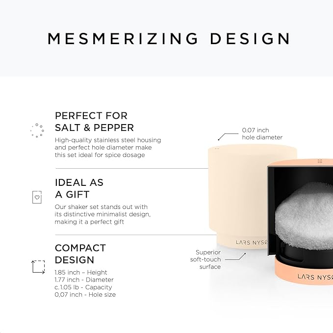 LARS NYSØM Mini Salt and Pepper Shakers Set | Stainless Steel Salt and Pepper Shakers with Modern Minimalist Design, Easy Refill, Small Size (Peach/Beige)