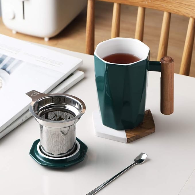 Sweejar Ceramic Tea Infuser Cup with Lid, Wooden Handle Teacup with Strainers for Loose Leaf Tea, 17 oz Geometric Shape Coffee Mug, Steeping Mug with Infuser, Women Christmas Gift (Jade)