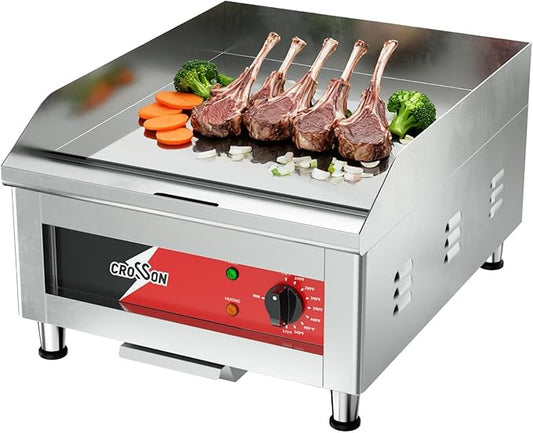 CROSSON 16"*16" Electric Chrome Plated Griddle,Commercial Countertop Flat Top Griddles with Non-Stick 2/5" Thick Iron Cooking Plate for Restaurant and home use-120V/1750W,Spatula Included