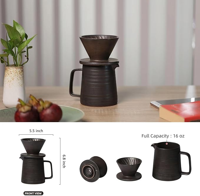 Stoneware Handmade Pour Over Coffee Maker Set, Ceramic Coffee Brewer Hand Drip Cone Dripper & Coffee Pot Microwaveable Decanter, Retro Metallic Glaze, 16oz