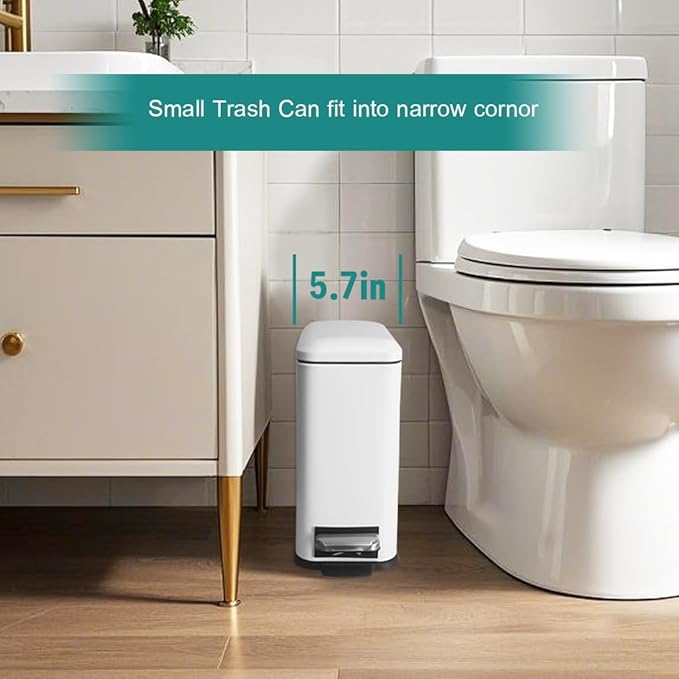 1.3 Gallon Stainless Steel Trash Can - Small Bathroom & Office Waste Bin with Lid, Compact Design, Durable Metal Construction, (White)