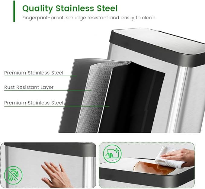 10 Gallon Stainless Steel Trash Can with Removable Inner Bucket, Soft Close & Stay Open Lid, Step-on Pedal – Modern Kitchen Waste Bin