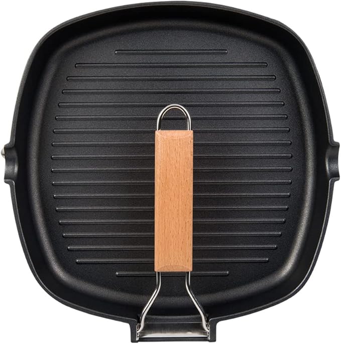MasterPan Non-Stick Grill Pan with Folding Wooden Handle, 8", Black and Brown