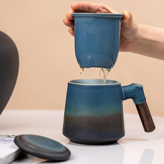 Tea Cup with Infuser and Lid 12.5oz - Kiln-Transformed Ceramic Mug with Antique Blue Gradient, Wood Handle Loose Leaf Tea Set, Anniversary Birthday Gift