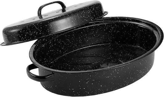 Granite Roasting Pan, Medium 16” Enameled Roasting Pan with Domed Lid. Oval Turkey Roaster Pot, Broiler Pan Great for Small Turkey, Chicken, Ham, Dishwasher Safe Fit for Roast 12Lb Bird by Kendane