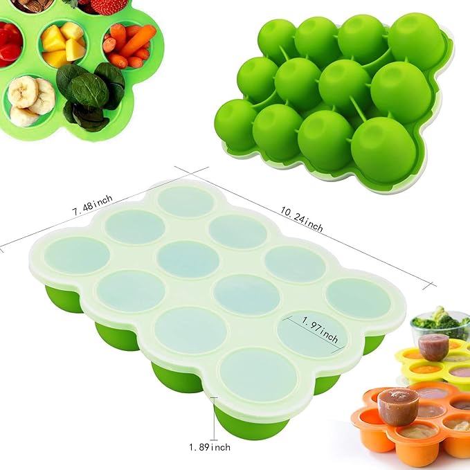 Samuelworld Baby Food Storage Container, 12 Portions x 2.5oz - BPA Free Silicone Freezer Tray with Clip-On Lid for Milk Storage, Homemade Baby Food, Vegetable & Fruit Purees - Green(For 6 Months+