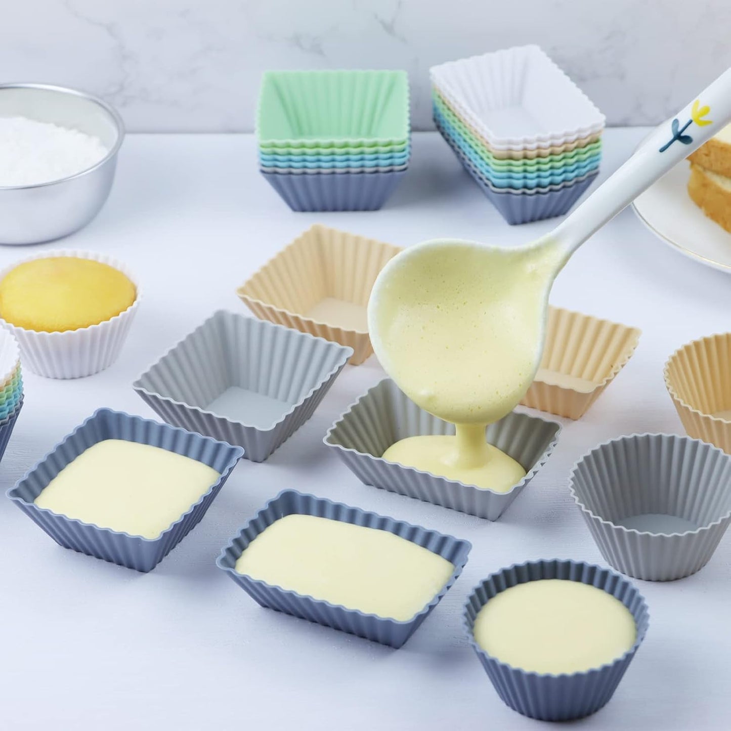 36-Pack Silicone Cupcake Liners, Reusable Muffin Cups – Round, Square & Rectangle Baking Cups, Non-Stick, Easy to Clean, Bento Box Accessories, Lunch Box Dividers for Kids(36 Liners + 20 Animal Picks)