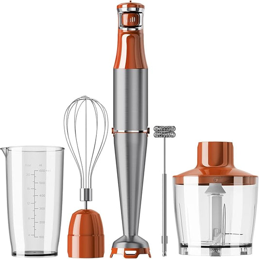 Immersion Blender Handheld Corded Hand Blenders Set 1100W, Trigger Variable Speed 5 in 1 Stick Emulsifier with Chopper, Whisk and Frother for Soup, Baby Food and Smoothies, Orange